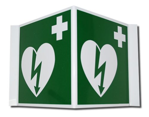 Térbeli defibrillátor jelző 2x15x15 műanyag tábla