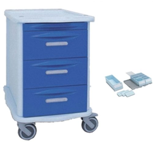 Medicine distribution trolley with 3 large, 30 small drawers